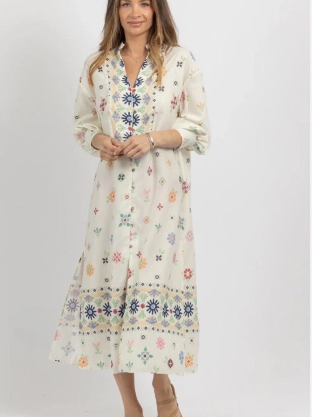 Zara Cream Embroidered Floral Button-Front Maxi Coverup